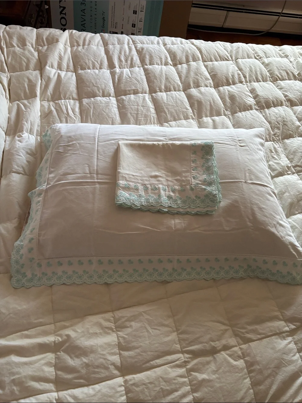 Vintage, 2 Hand Made Embroidered White Pillowcases, Light Blue Scalloped Trim